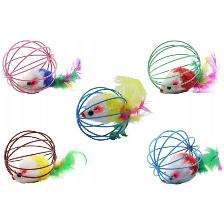 Zabawka dla kota piłka druciana z myszką z piórkiem 6cm