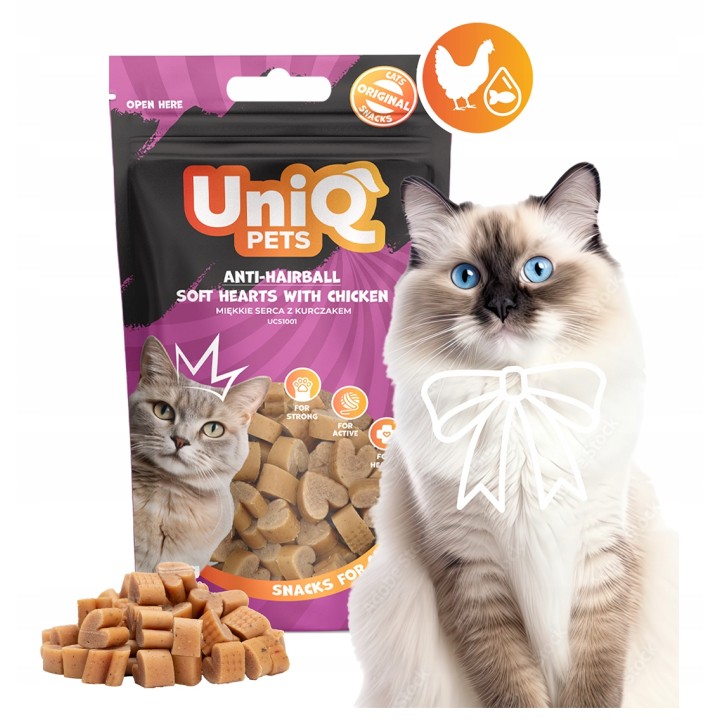 UNIQ PETS przysmaki dla kota hairball miękkie serca z kurczakem 50g