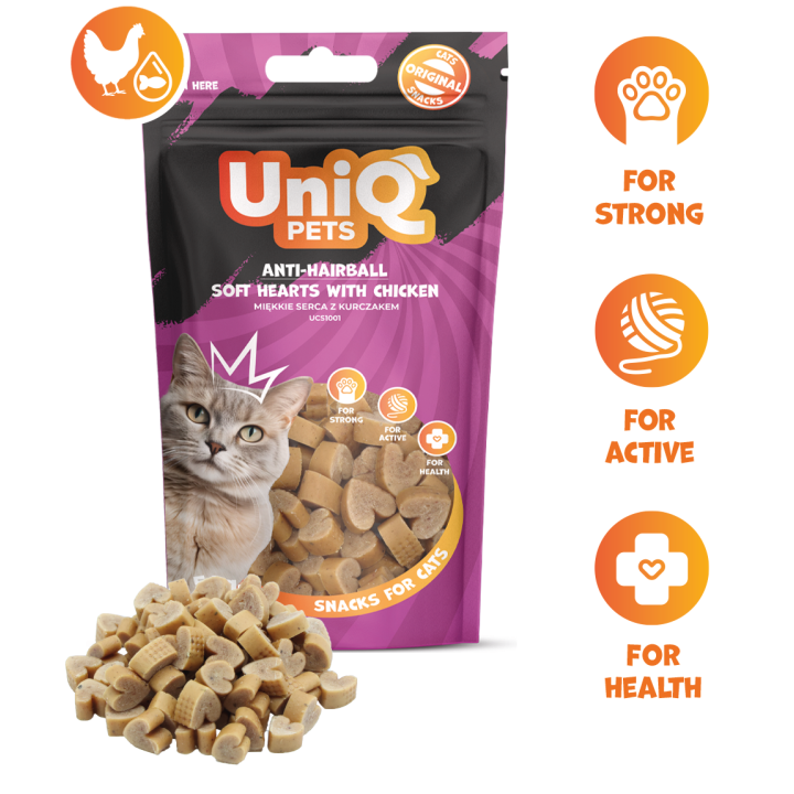 UNIQ PETS przysmaki dla kota hairball miękkie serca z kurczakem 50g