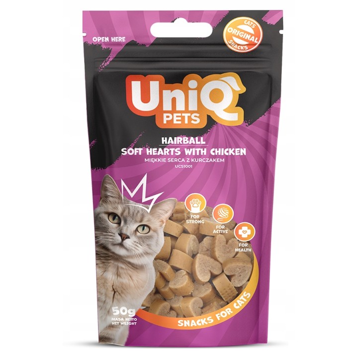 UNIQ PETS przysmaki dla kota hairball miękkie serca z kurczakem 50g