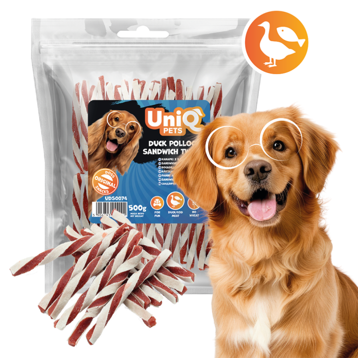 Miekkie paski z kaczki sandwich przysmak psa 500g Uniq Pets