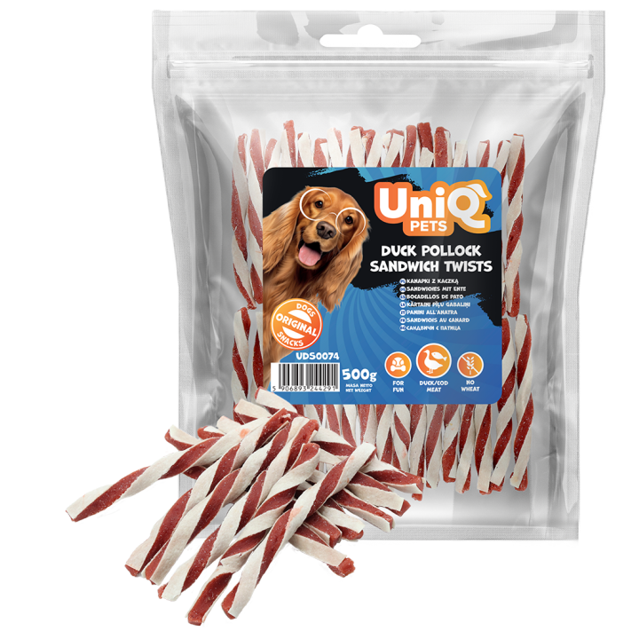 Miekkie paski z kaczki sandwich przysmak psa 500g Uniq Pets