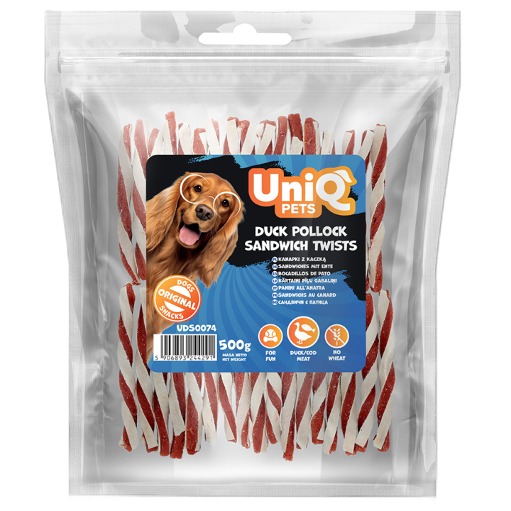 Miekkie paski z kaczki sandwich przysmak psa 500g Uniq Pets