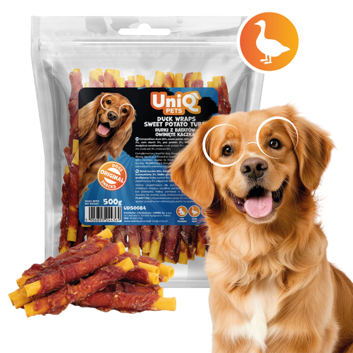 UNIQ PETS przysmaki dla psa rurki z batatów owinięte kaczką 500g