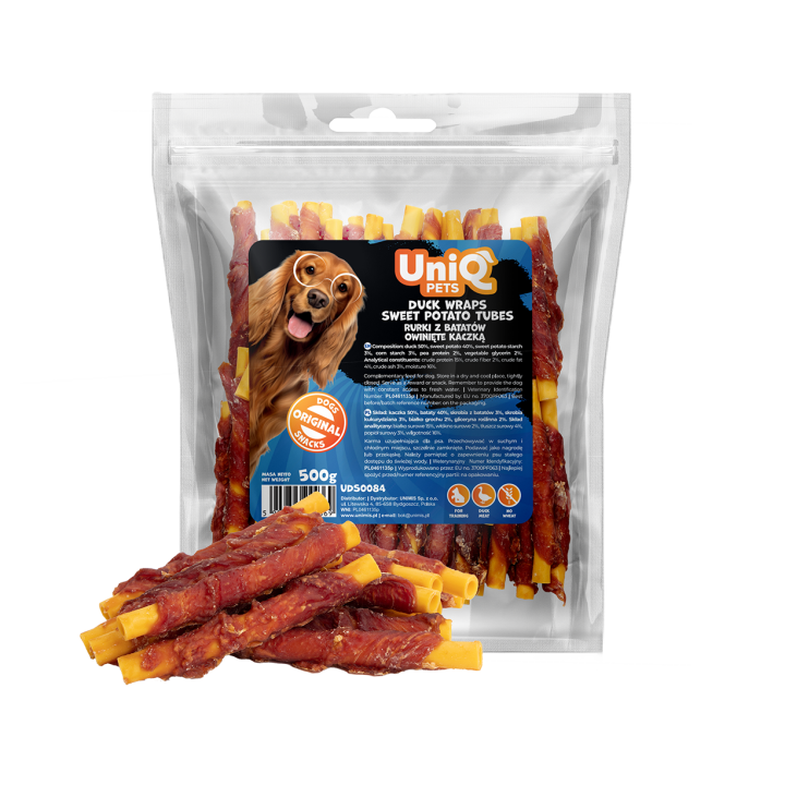 UNIQ PETS przysmaki dla psa rurki z batatów owinięte kaczką 500g