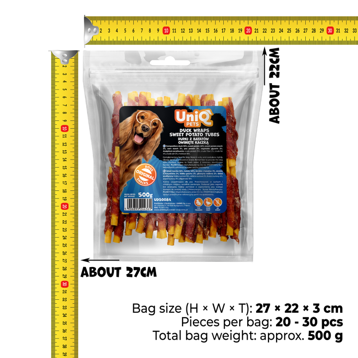 UNIQ PETS przysmaki dla psa rurki z batatów owinięte kaczką 500g
