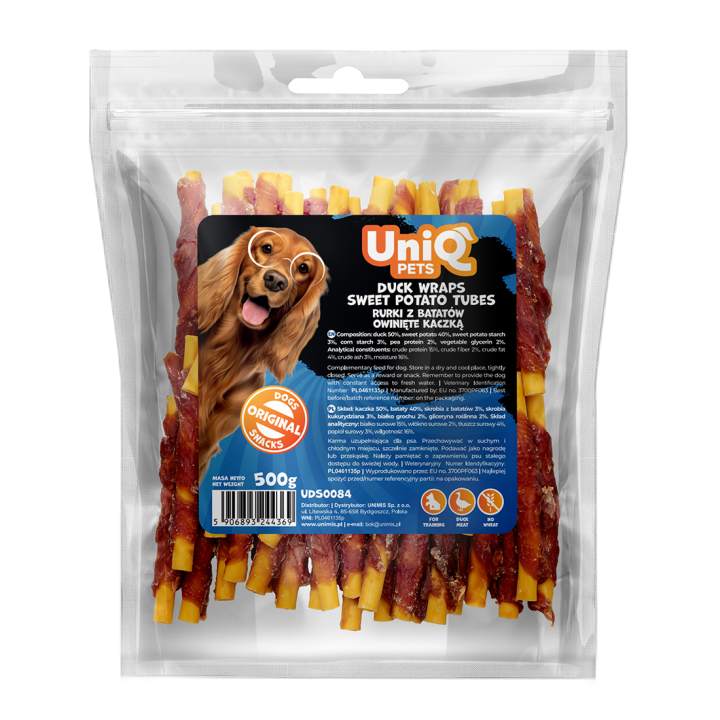 UNIQ PETS przysmaki dla psa rurki z batatów owinięte kaczką 500g