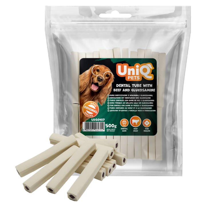 UNIQ PETS Przysmak dentystyczny rurki dentystyczne z wołowiną i glukozaminą 500g