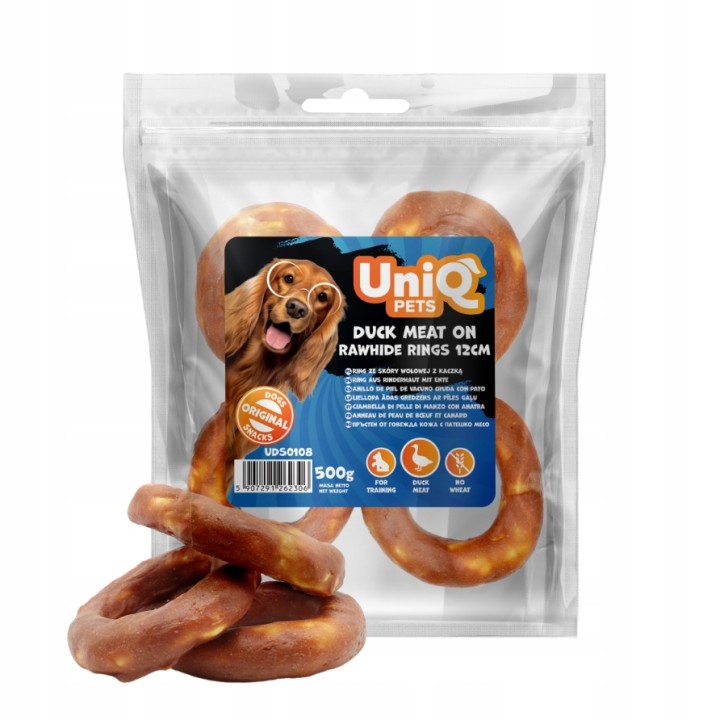 UNIQ PETS przysmaki dla psa 500g ring ze skóry wołowej z kaczką 12cm