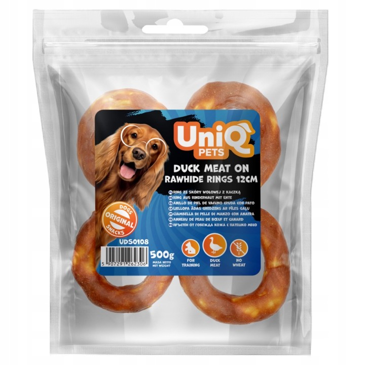 UNIQ PETS przysmaki dla psa 500g ring ze skóry wołowej z kaczką 12cm