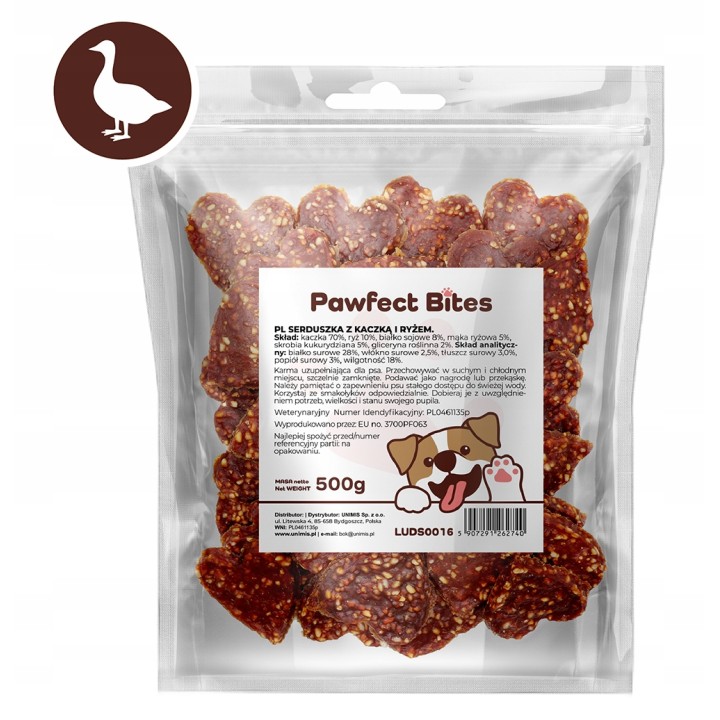 PAWFECT BITES przysmaki dla psa serduszka z kaczką i ryżem 500g