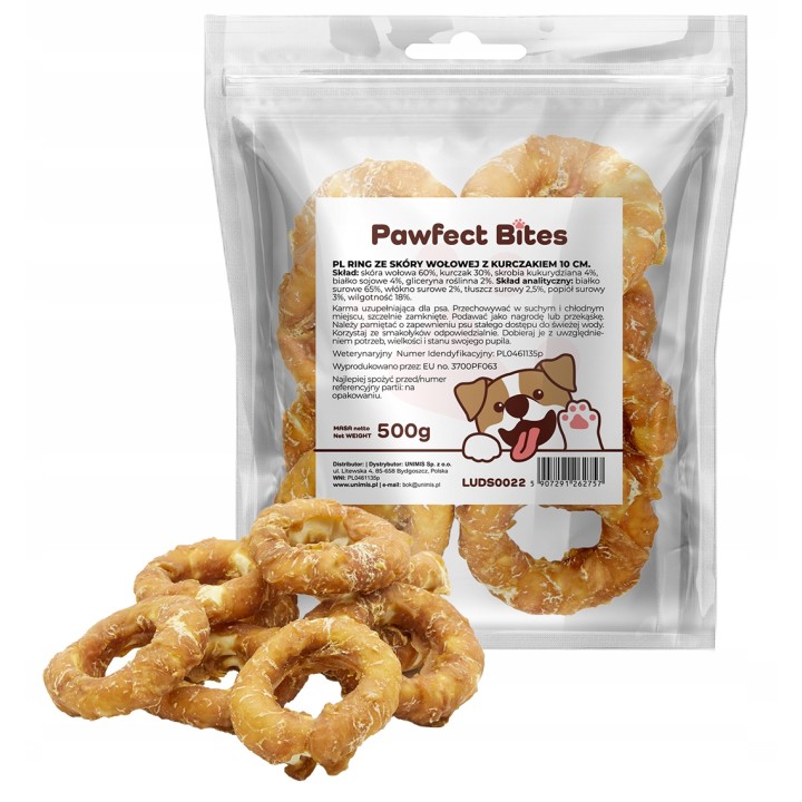 PAWFECT BITES Miękkie krążki ze skóry wołowej z kurczakiem - Donut dla psa 500g