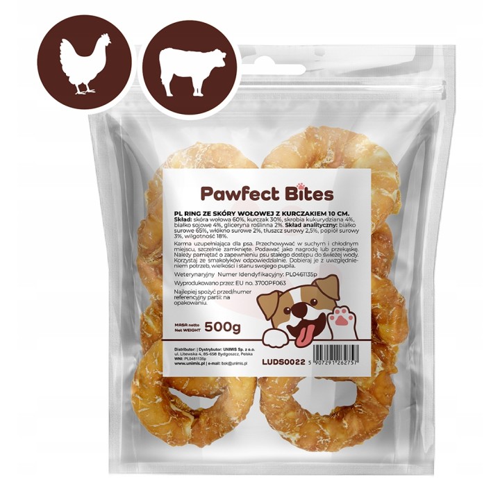 PAWFECT BITES Miękkie krążki ze skóry wołowej z kurczakiem - Donut dla psa 500g