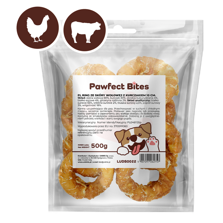 PAWFECT BITES Miękkie krążki ze skóry wołowej z kurczakiem - Donut dla psa 500g