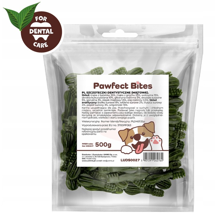 PAWFECT BITES przysmaki dla psa szczoteczki dentystyczne (miętowe) 500g
