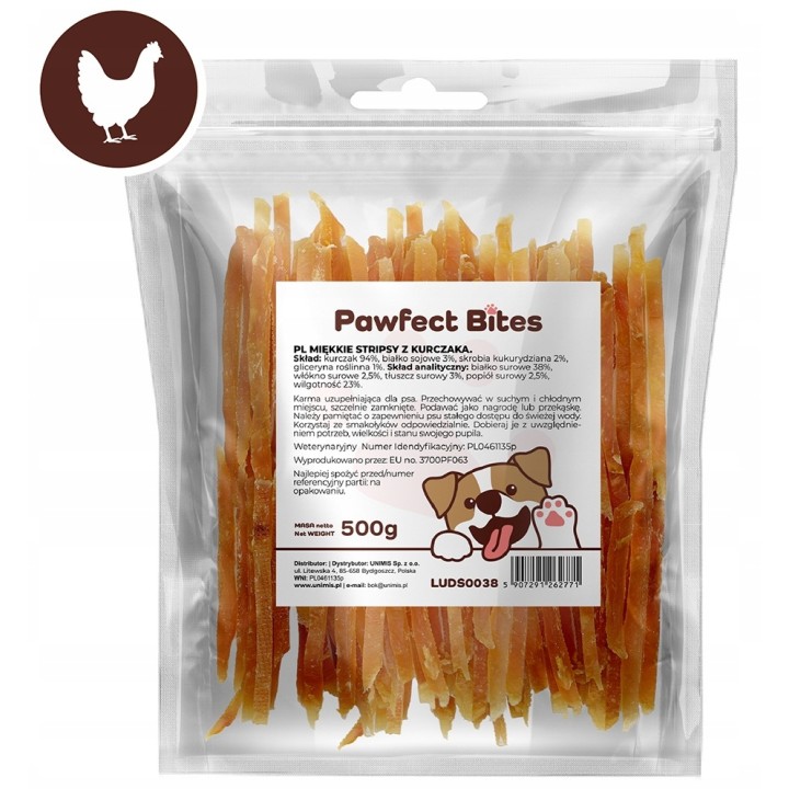 PAWFECT BITES miękkie paski kurczaka przysmaki dla psa 500g