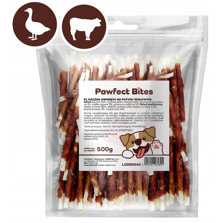 PAWFECT BITES pałeczki wołowe z kaczka dla psa 500g