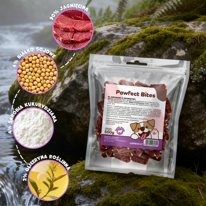 PAWFECT BITES kielbaski dla psa z jagniecina 500g