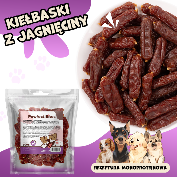 PAWFECT BITES kielbaski dla psa z jagniecina 500g
