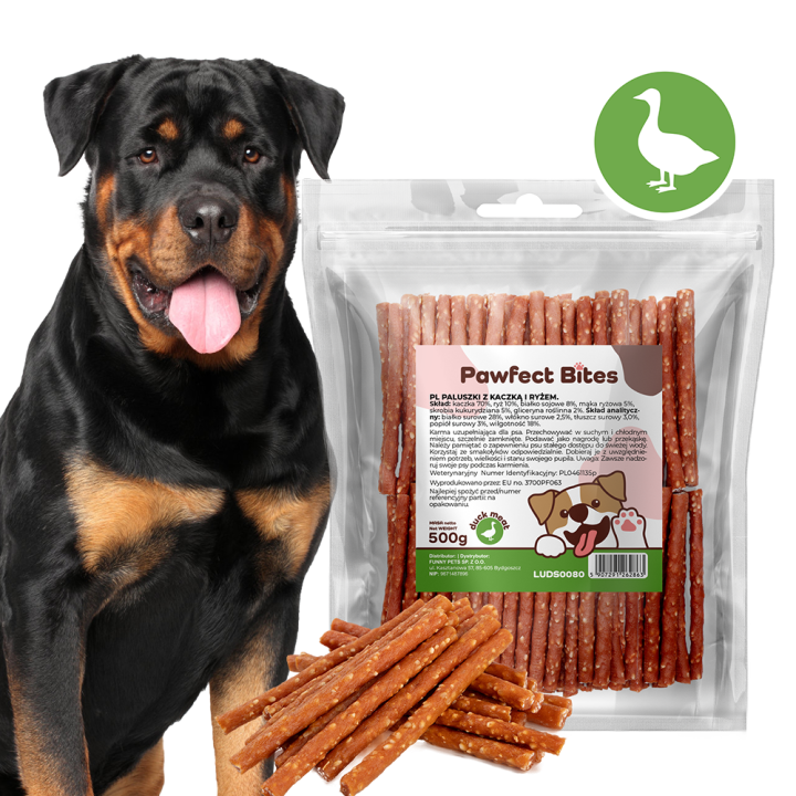 PAWFECT BITES przysmak dla psa kabanosy z kaczka i ryżem 500g