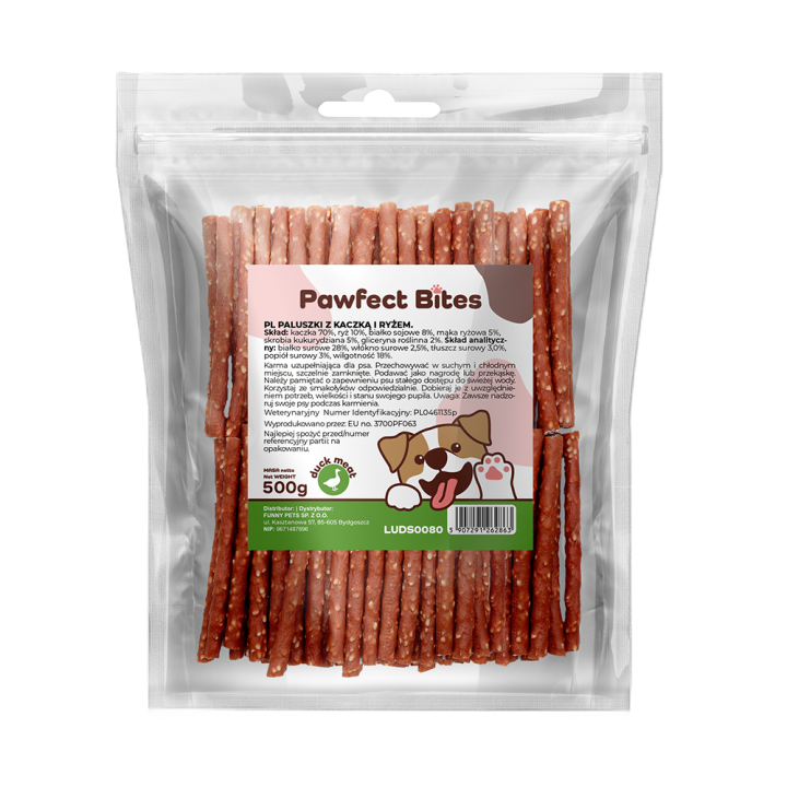 PAWFECT BITES przysmak dla psa kabanosy z kaczka i ryżem 500g
