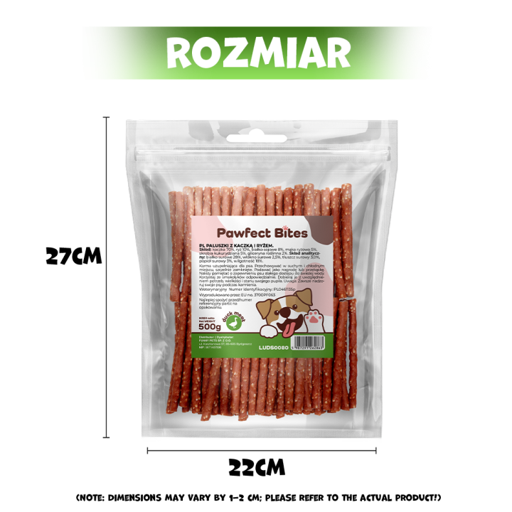 PAWFECT BITES przysmak dla psa kabanosy z kaczka i ryżem 500g