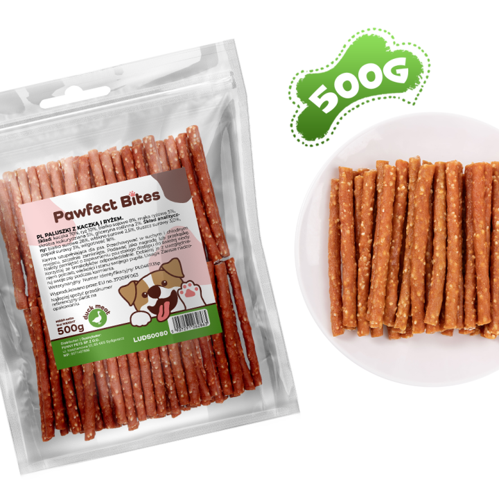 PAWFECT BITES przysmak dla psa kabanosy z kaczka i ryżem 500g