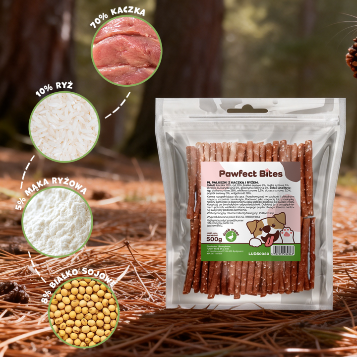 PAWFECT BITES przysmak dla psa kabanosy z kaczka i ryżem 500g