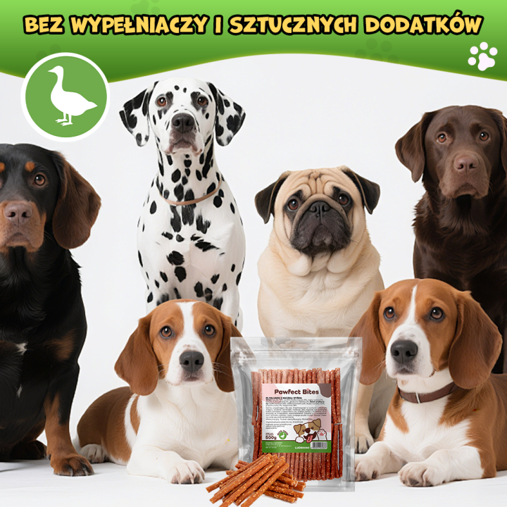 PAWFECT BITES przysmak dla psa kabanosy z kaczka i ryżem 500g