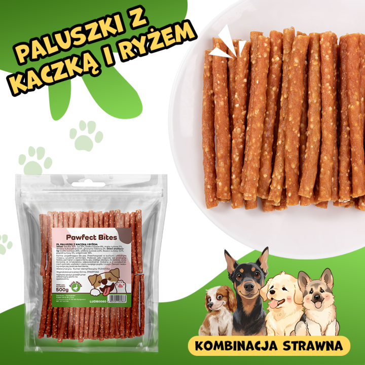 PAWFECT BITES przysmak dla psa kabanosy z kaczka i ryżem 500g