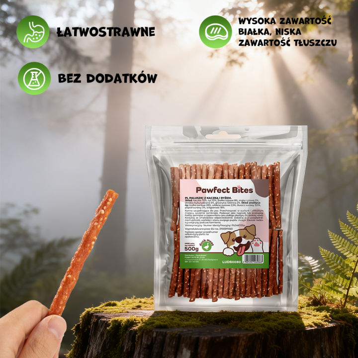 PAWFECT BITES przysmak dla psa kabanosy z kaczka i ryżem 500g