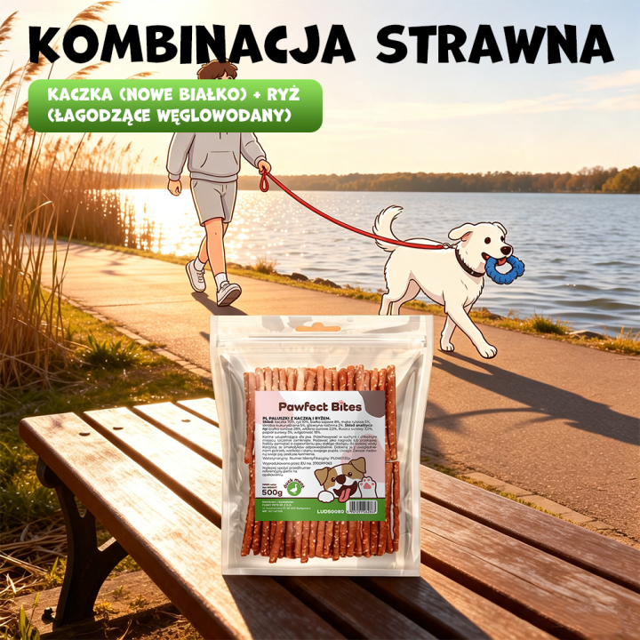 PAWFECT BITES przysmak dla psa kabanosy z kaczka i ryżem 500g