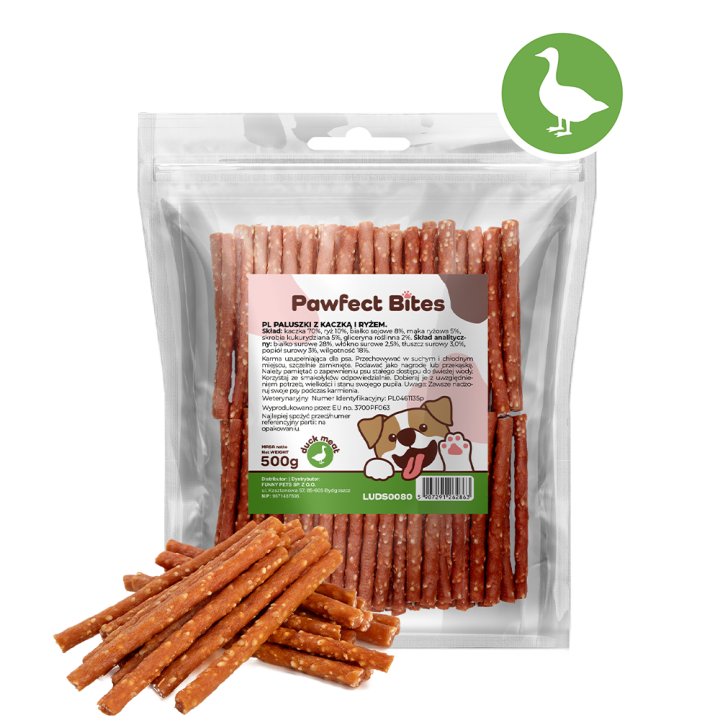 PAWFECT BITES przysmak dla psa kabanosy z kaczka i ryżem 500g