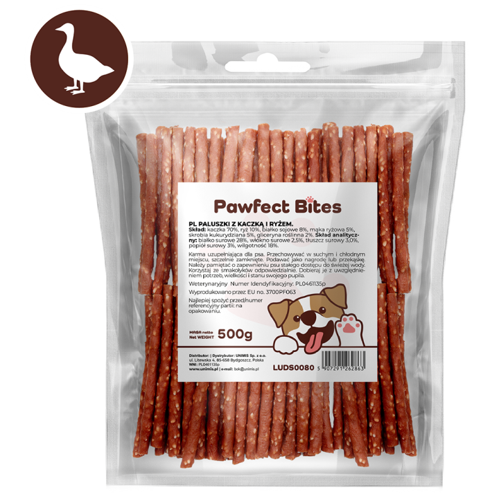 PAWFECT BITES przysmak dla psa kabanosy z kaczka i ryżem 500g