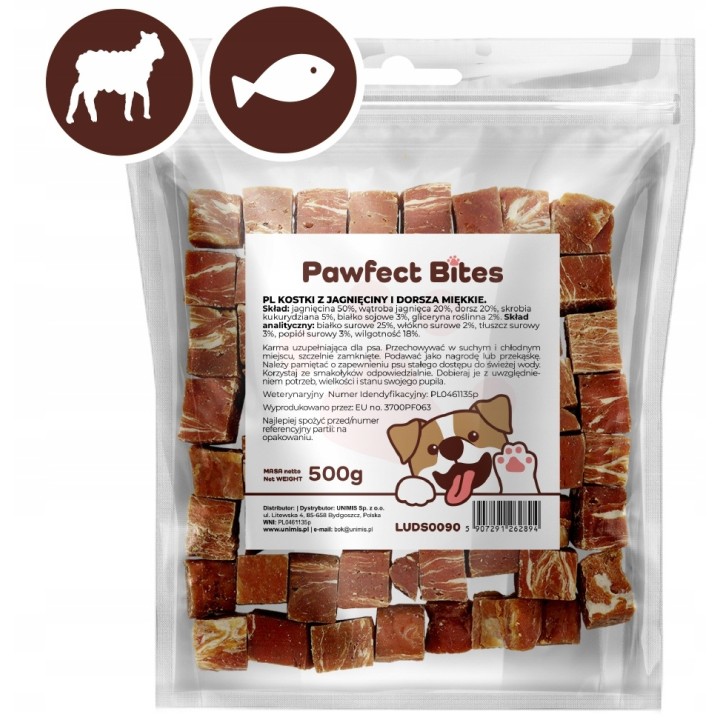 PAWFECT BITES miękkie przysmaki smaczki jagnięcina i dorsz 500g