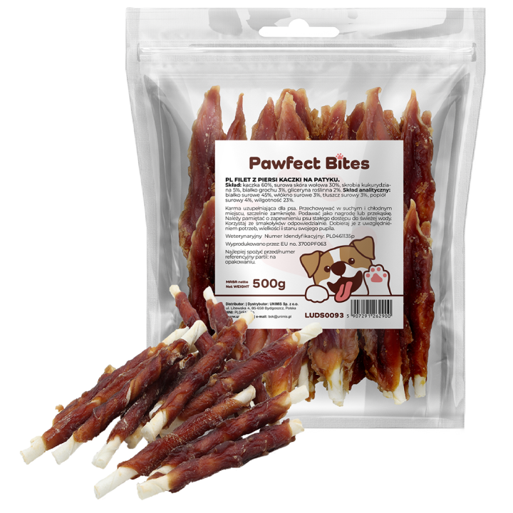 PAWFECT BITES piers z kaczki filet na patyku przysmak przekąska treserki naturalne 500g