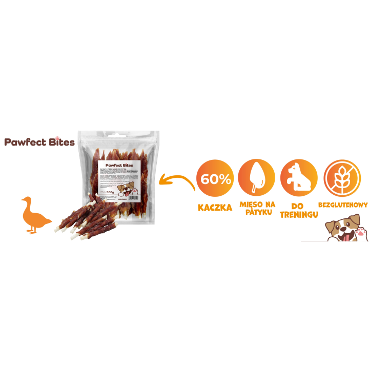 PAWFECT BITES piers z kaczki filet na patyku przysmak przekąska treserki naturalne 500g