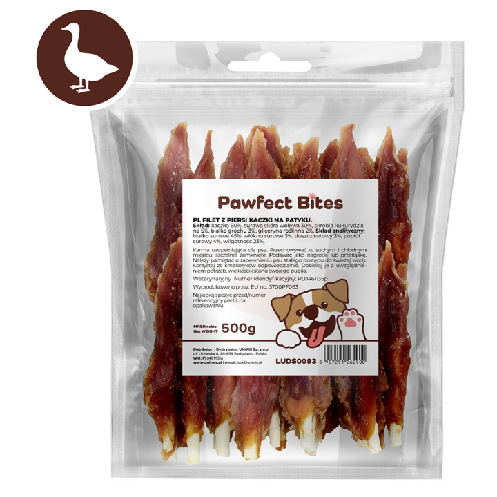 PAWFECT BITES piers z kaczki filet na patyku przysmak przekąska treserki naturalne 500g