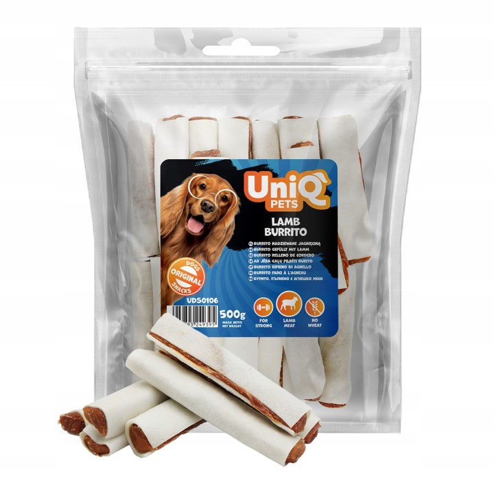 UNIQ PETS PRZYSMAKI DLA PSA RAWHIDE 500g burrito nadziewane jagnięciną