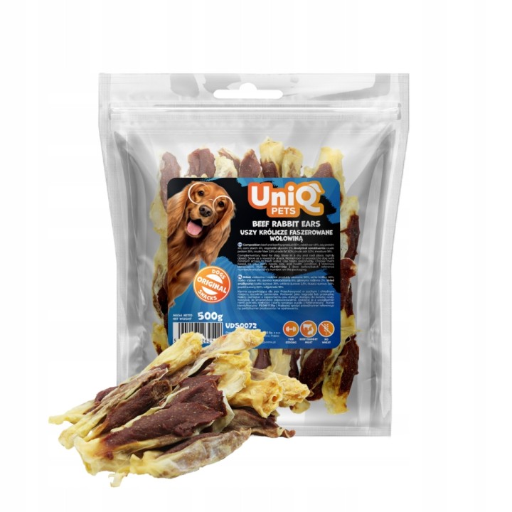 UNIQ PETS PRZYSMAKI DLA PSA MEATY 500g uszy królicze faszerowane wołowiną