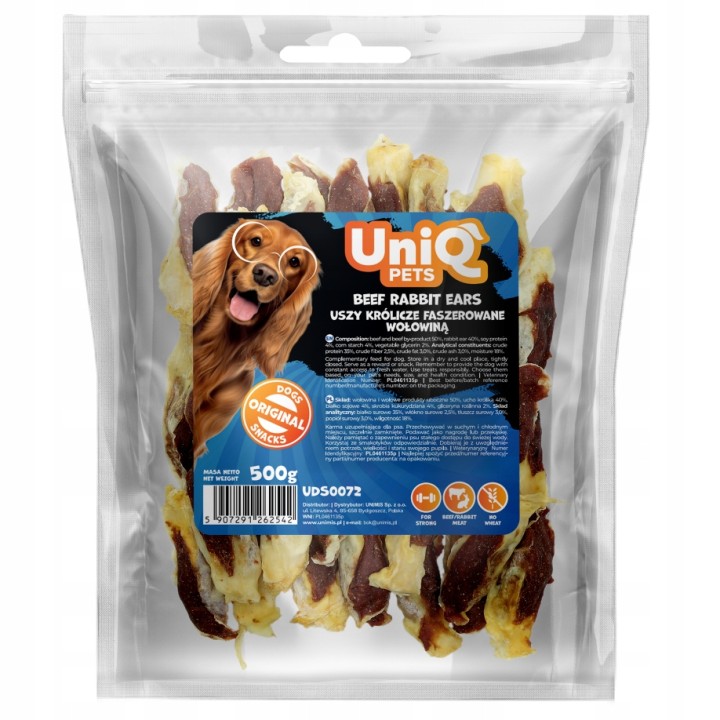 UNIQ PETS PRZYSMAKI DLA PSA MEATY 500g uszy królicze faszerowane wołowiną