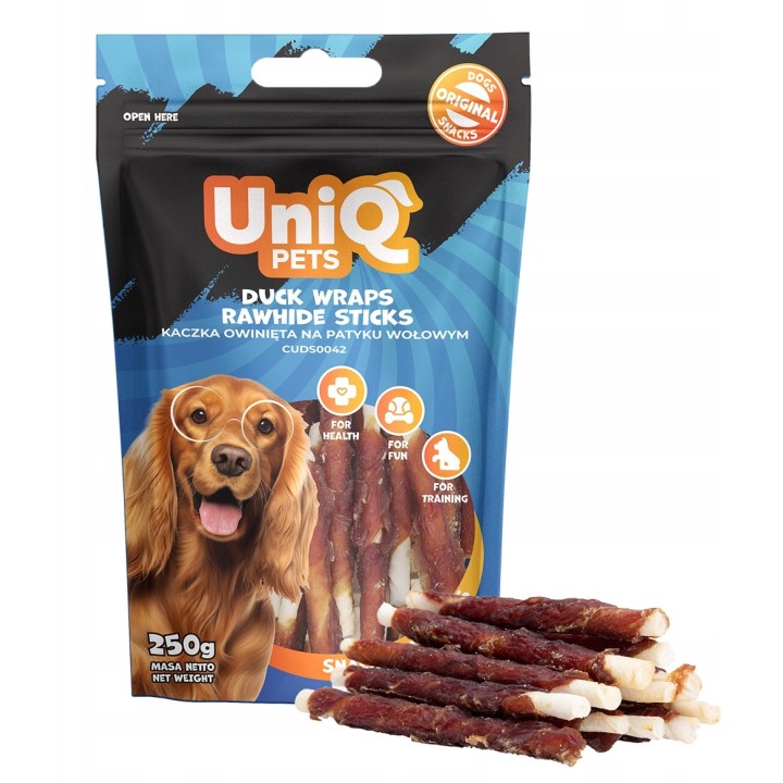 Pałeczki dla psa kaczka owinięta na patyku wołowym 250g Uniq Pets