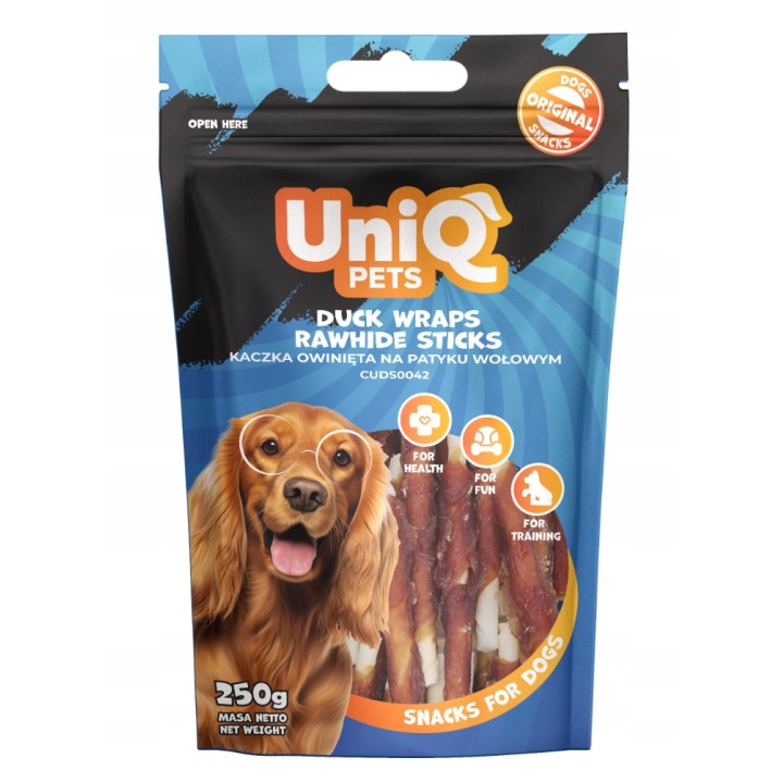 Pałeczki dla psa kaczka owinięta na patyku wołowym 250g Uniq Pets