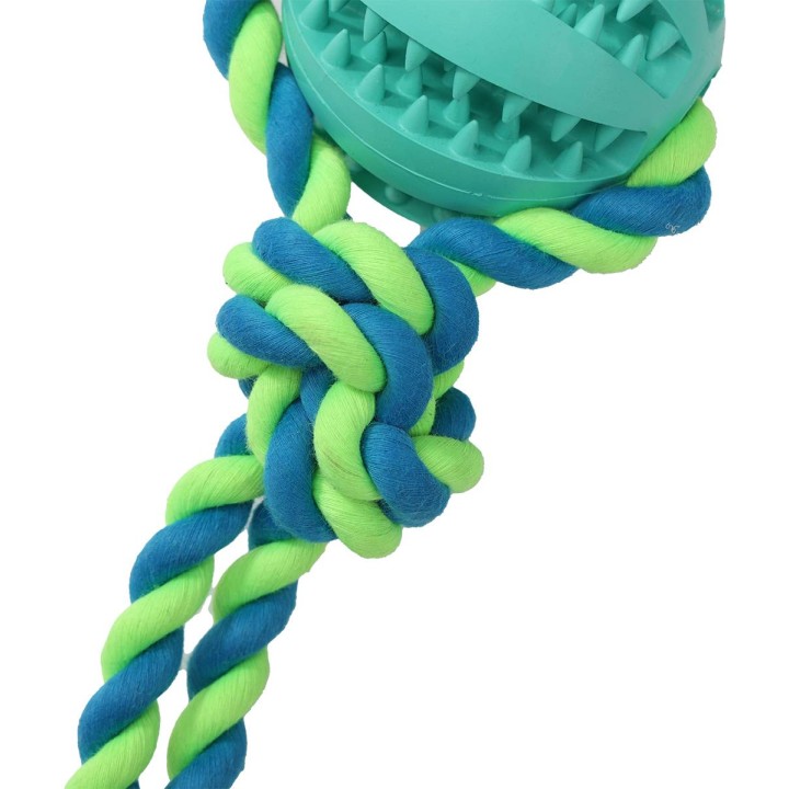 UNIQ PETS zabawka dla psa gumowa piłka dental na sznurku z supłami o zapachu mięty 30cm