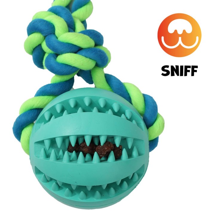 UNIQ PETS zabawka dla psa gumowa piłka dental na sznurku z supłami o zapachu mięty 30cm