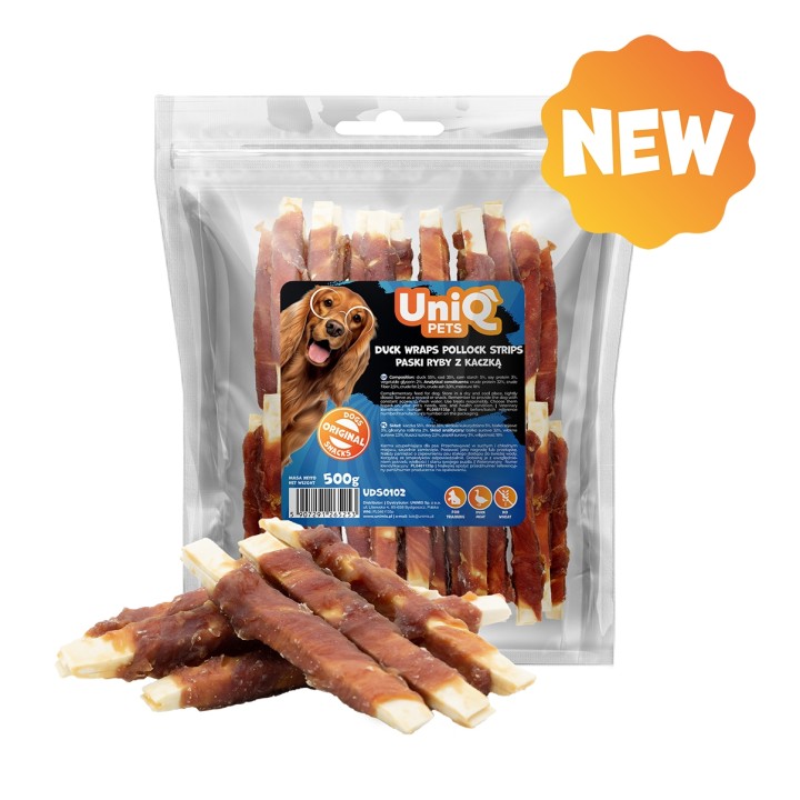 UNIQ PETS PRZYSMAKI DLA PSA MEATY 500g paski ryby z kaczką