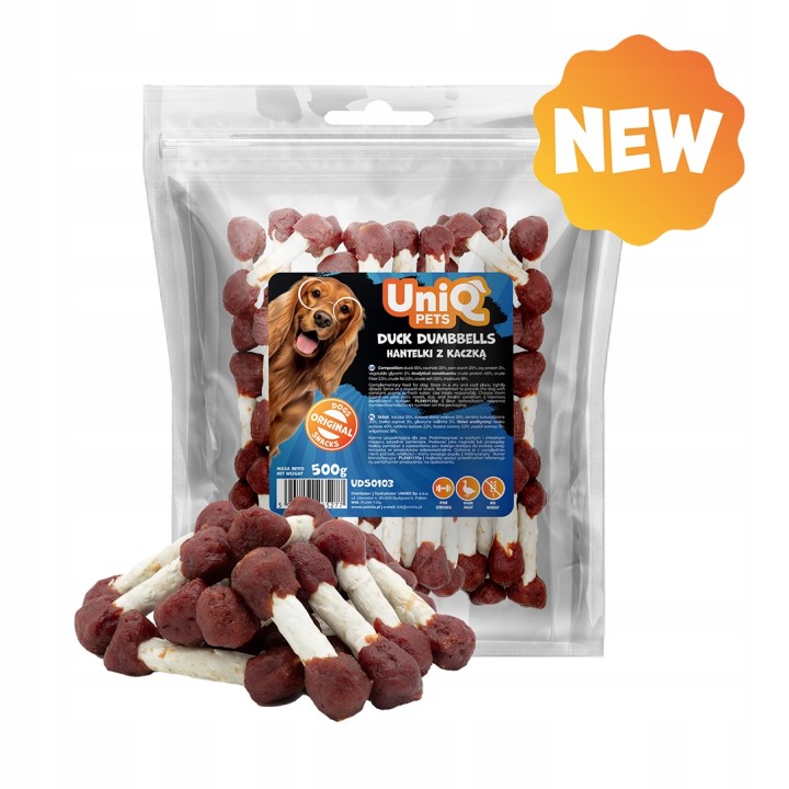 UNIQ PETS PRZYSMAKI DLA PSA RAWHIDE 500g hantelki z kaczką