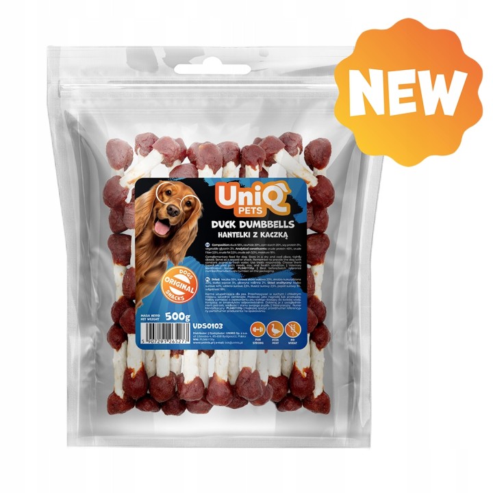 UNIQ PETS PRZYSMAKI DLA PSA RAWHIDE 500g hantelki z kaczką