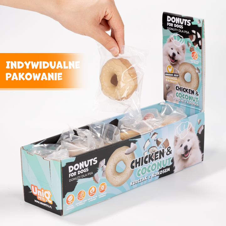 UNIQ PETS PRZYSMAKI DLA PSA COLLAGEN 50 g x 10 szt donut z kurczakiem i kokosem 7cm