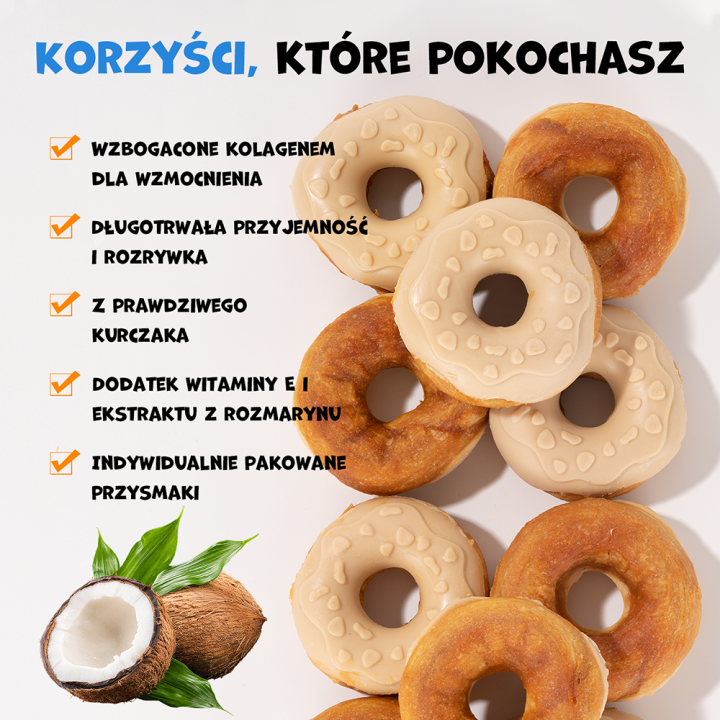 UNIQ PETS PRZYSMAKI DLA PSA COLLAGEN 50 g x 10 szt donut z kurczakiem i kokosem 7cm